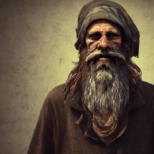 Image similar to homeless man hobo with long beard in asylum, hyper detailed, digital art, trending in artstation, cinematic lighting, studio quality, smooth render, unreal engine 5 rendered, octane rendered, art style by klimt and nixeu and ian sprigger and wlop and krenz cushart.