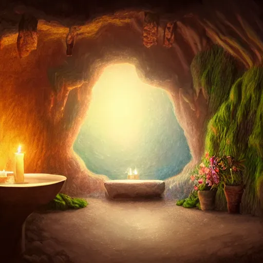 Image similar to cozy bathhouse hidden in a cave, candlelight, towels, cushions, natural light, lush plants and flowers, elegant, intricate, fantasy, atmospheric lighting, digital painting, concept art