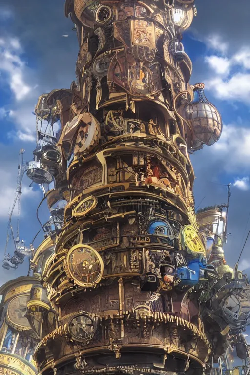 Image similar to A giant steampunk tower rises to the heavens surrounded by a multicolored marketplace, flying in the sky are steampunk aircraft