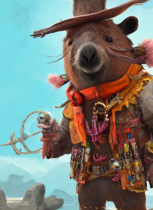 Prompt: detailed full body concept art illustration matte painting of a cute anthropomorphic capybara as a pirate in full intricate colorful clothing, ultra detailed, digital art, octane render, 8K, dystopian, biomutant, micro details