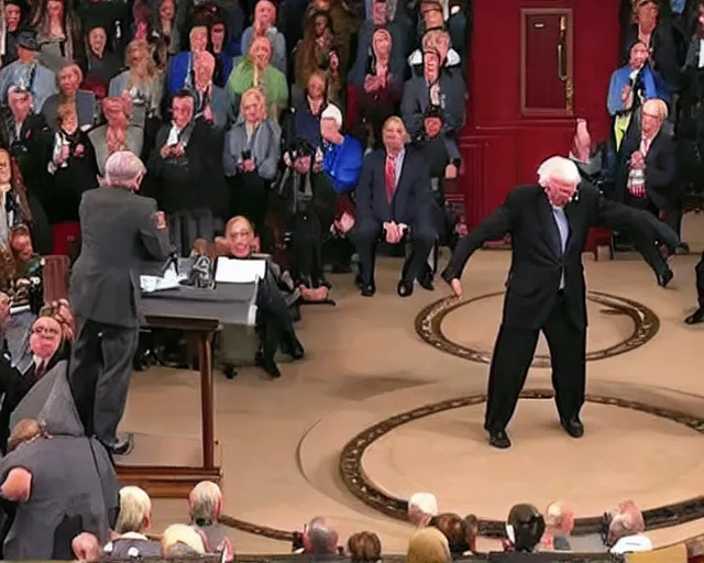 Prompt: bernie sanders deadlifts 200lbs barbells during filibuster speech in senate chambers