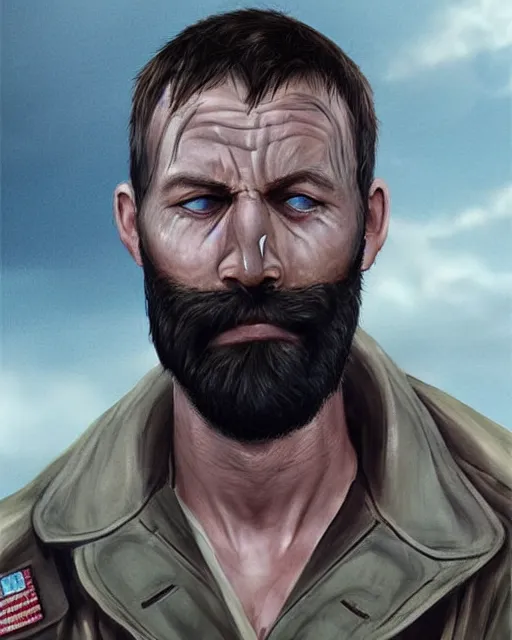 Image similar to portrait of muscular, tired and alcoholic 3 0 - year - old grieving man with short darkblonde hair, serious sad look in his eyes, looking down, dirty beard, blue eyes, crying tears, wearing dirty soldier uniform, on the desert, sad atmosphere, hyper realistic face, character art, art by artgerm, cryengine, trending on artstation, digital art