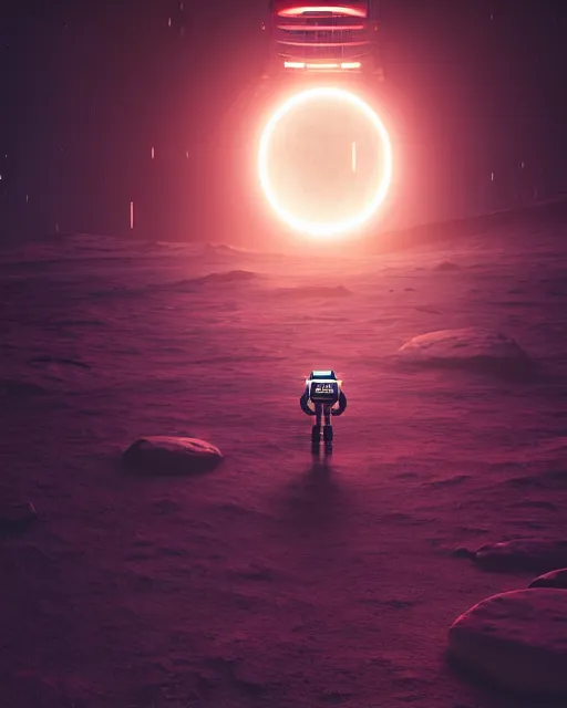 Image similar to a robot standing in front of a glowy open door that's on a barren moon, poster art by mike winkelmann, trending on cg society, space art, sci - fi, ue 5, futuristic, volumetric lighting, light casting onto the ground, neat composition and camera angle