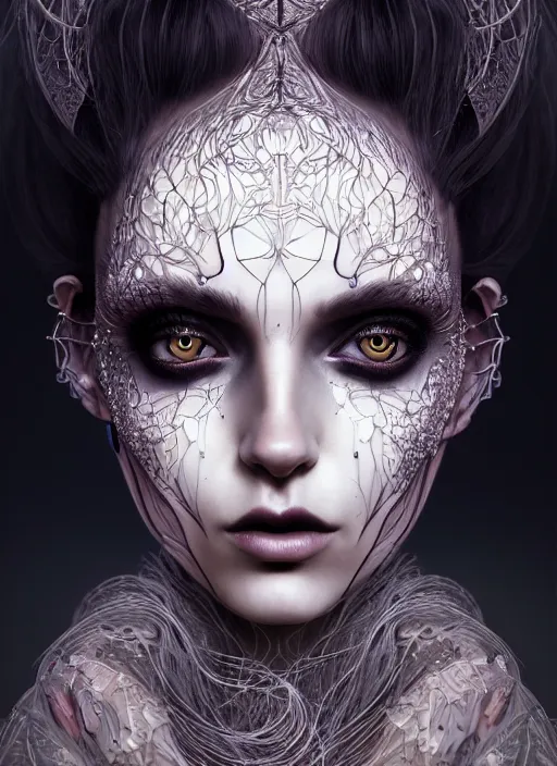 Prompt: portrait of an absurdly beautiful, graceful, sophisticated, fashionable dark witch, hyperdetailed illustration by irakli nadar and vania zouravliov, matt wisniewski style, intricate linework, day - glow face paint, unreal engine 5 highly rendered, global illumination, radiant light, detailed and intricate environment