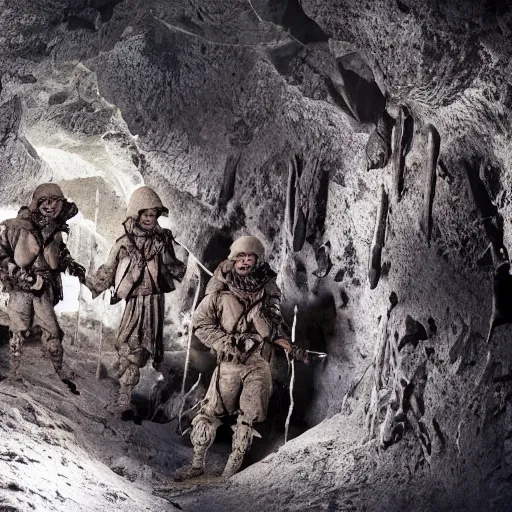 Image similar to futuristic soldiers exploring a prehistoric cave in antarctic, cinematic lighting, 1 9 2 0's sci - fi, deep aesthetic colors, 8 k, highly ornate intricate details, extreme detail,