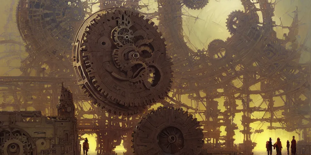 Image similar to giant interlocked gears cogs, giant geometric mechanisms structures floating in space, industry, villages castles, buildings vista artstation illustration sharp focus vista painted by ruan jia raymond swanland lawrence alma tadema zdzislaw beksinski norman rockwell tom lovell alex malveda greg staples