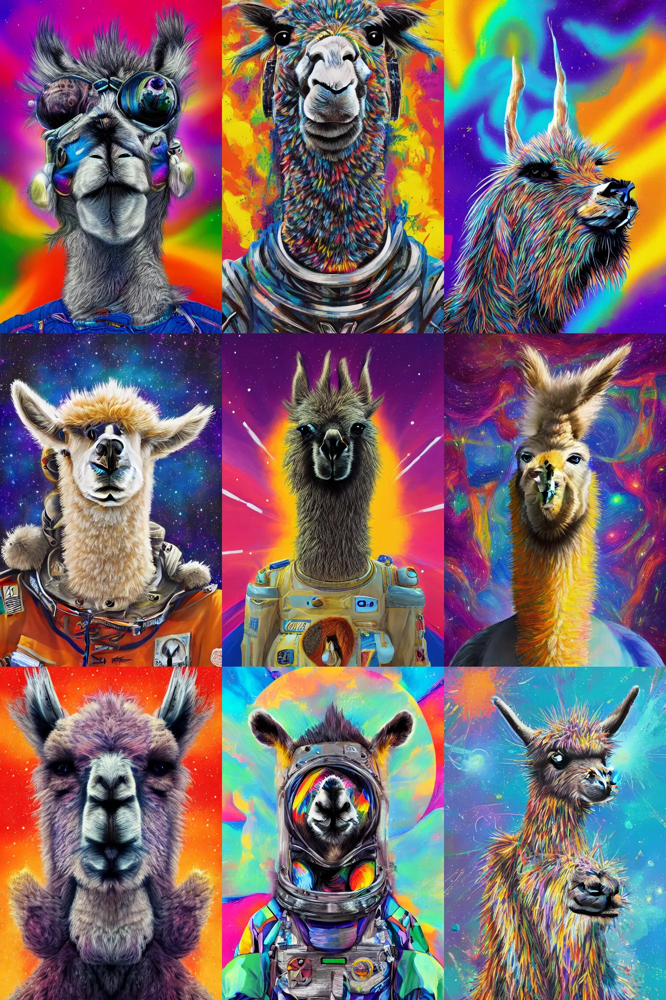 Prompt: highly rhythmic expressionistic wild symmetrical furry masterpiece portrait of a llama wearing a spacesuit, surreal background, digital art, trending on artstation, cgsociety, daily deviation, HQ 8k scan