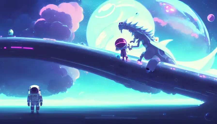 Image similar to a still of a cute kawaii astronaut android riding a large neon kaiju dragon, nebulous background of dynamic space, a dramatic composition by wlop and greg rutkowski and makoto shinkai and studio ghibli and kyoto animation, highly detailed, digital painting, matte