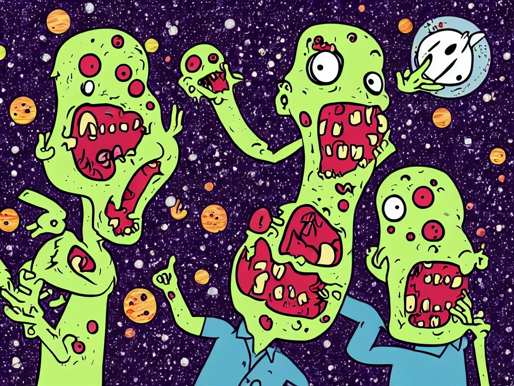 Prompt: happy zombies eating each other, floating in space, cartoon illustration, detailed