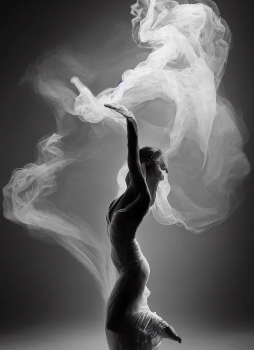 Image similar to a Photorealistic dramatic hyperrealistic render of a glamorous beautiful Female smoke dancer by Ken Brower and Deborah Ory of NYC Dance project,Lois Greenfield,Flowing cloth and smoke,Beautiful dynamic dramatic dark moody lighting,volumetric,shadows,cinematic atmosphere,Octane render,8K