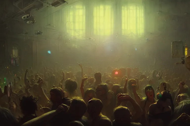 Image similar to scene from a rave, muted colours, beautiful, highly detailed, realistic, digital art, winning award masterpiece, cinematic lighting, trending on artstation, painting by otto dix and greg rutkowski, 8 k
