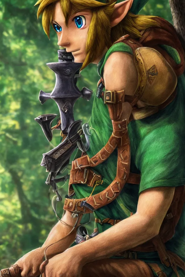 Image similar to close - up portrait of link sitting in woods of hyrule playing ocarina, ultra detailed, hdr, photorealism, cinematic scene, beautiful light