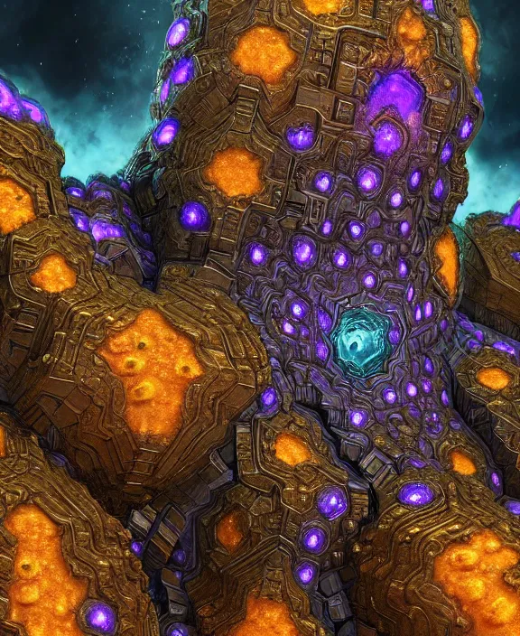 Image similar to concept art of giant fractal bismuth golem consists of bismuth geodes, fractalization, extremely high details, masterpiece, photorealistic, hyperrealism, vray, octane render, volumetric lighting, depth of field, bokeh, artstation, cgsociety by johannen voss, michael whelan, greg broadmore, frank frazetta