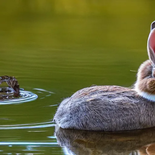 Image similar to high detailed photo of a rabbit relaxing at a nearby lake with a duck floating by.