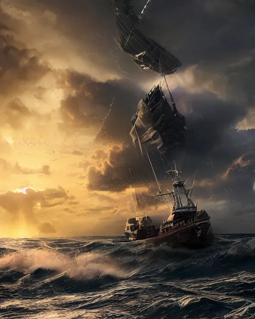 Prompt: a fishing boat on stormy seas, a gigantic star destroyer spaceship flying overhead, the gigantic star destroyer spaceship is emerging from storm clouds, sunset lighting, stormy weather, dramatic lighting, lightning, unreal engine, hyper realism, realistic shading, cinematic composition, realistic render, octane render, detailed textures, photorealistic, ultrawide shot, 1 6 mm lens