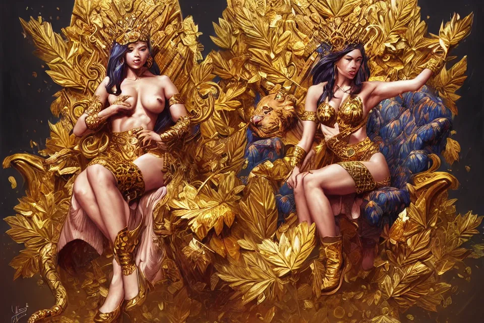 Prompt: painting of a beatiful tiger - woman on a throne, throne is spangled with gold and leaves, majestic, powerfull, by james jean and by artgerm, ultradetailed, realistic, oil painting, trending on artstation, 4 k