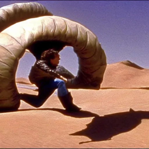 Image similar to A still of Agent Cooper from Twin Peaks riding a giant sandworm in Dune (1984)