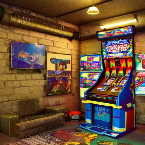 Image similar to large Mancave full of 80s toys games arcade games and wall posters Stuffy atmosphere, shadows, vintage, highly detailed, abandoned, octane render, blender, --width 768 4k