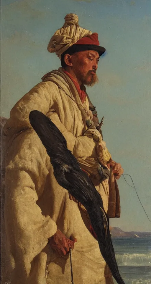 Prompt: orientalist portrait painting of a fisherman with a cormorant on his shoulder, in romantic style, sfumato