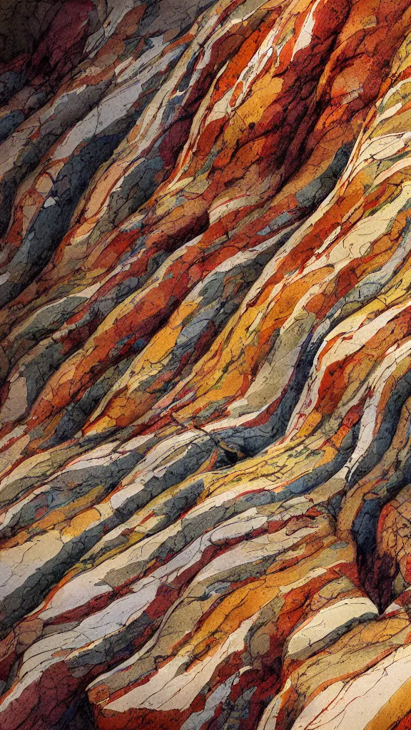 Image similar to vivid color, sedimentary schematic, organic swirling igneous rock, marbled veins, architectural drawing with layers of strata, ochre, sienna, gray, olive, dramatic lighting, rock texture, sand by James jean, geology, octane render in the style of Luis García Mozos