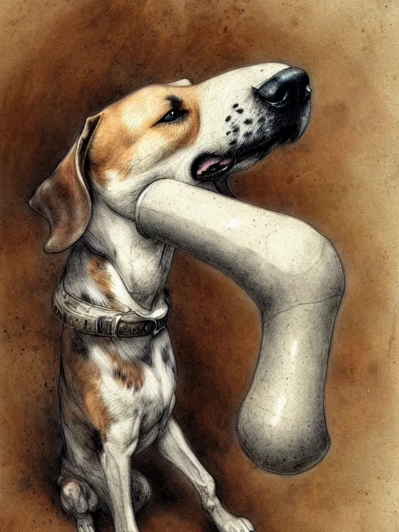 Prompt: a dog with a huge bone, muted colors, by jean - baptiste monge