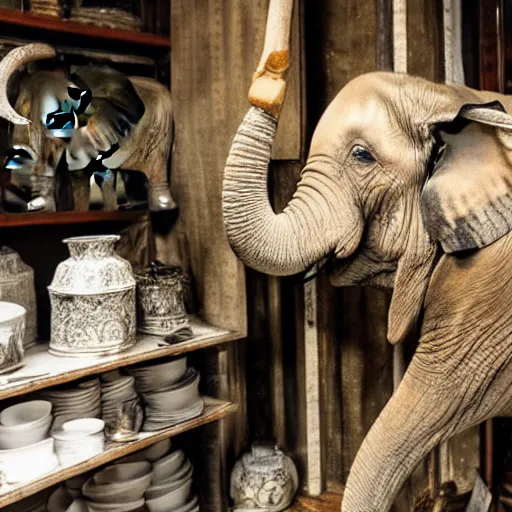 Prompt: realistic stunned elephant in a porcelain shop