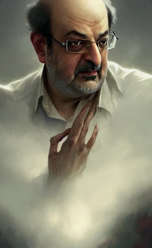 Image similar to portrait of salman rushdie, deep focus, d & d, fantasy, intricate, elegant, highly detailed, digital painting, artstation, concept art, matte, sharp focus, illustration, art by artgerm and greg rutkowski and alphonse mucha