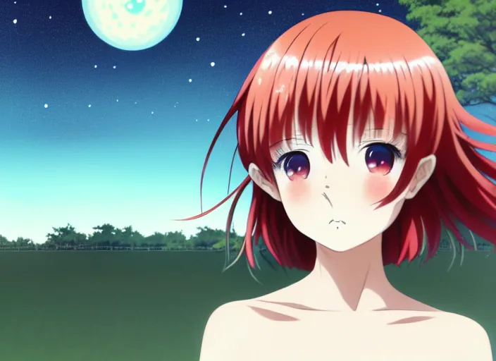 Prompt: anime visual, full body portrait a young woman with red hair looking up at the stars in the park at midnight, cute face by ilya kuvshinov, yoshinari yoh, makoto shinkai, katsura masakazu, dynamic perspective pose, detailed facial features, kyoani, rounded eyes, crisp and sharp, cel shad, anime poster, ambient light,