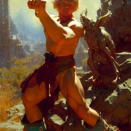 Prompt: stunning master wizard beaten by bodybuilder with bare hands, highly detailed painting by gaston bussiere, craig mullins, j. c. leyendecker, 8 k