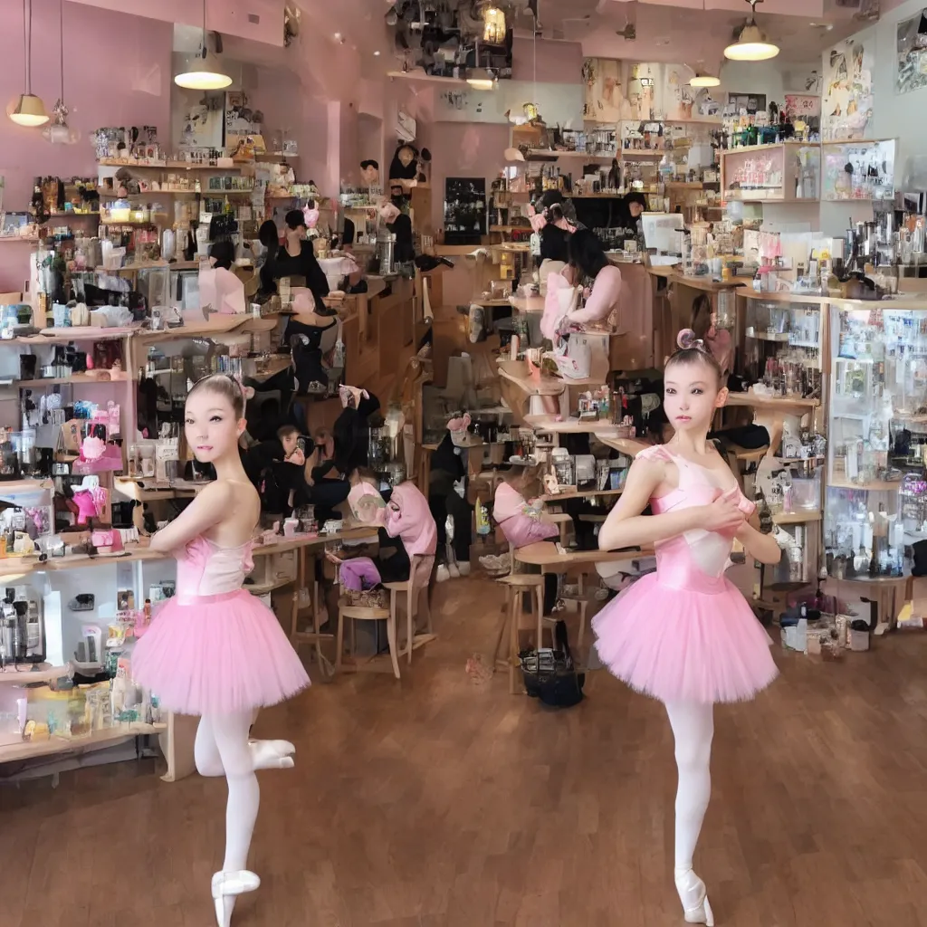 Image similar to a cute anime ballerina in a boba shop