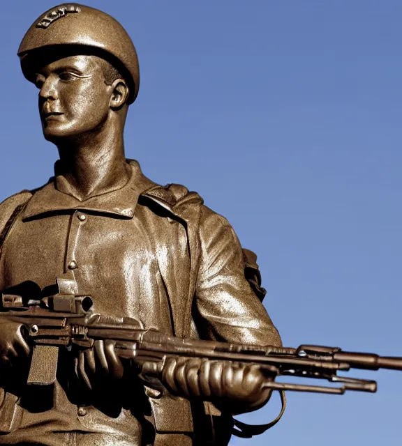 Image similar to a 4 k photorealistic photo wide shot of a bronze statue of an american soldier holding a rifle