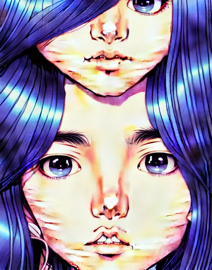 Image similar to extremely detailed color ink pen  illustration depicting an extreme close up face of a dainty young truant female stoner prep highschool school student with medium length silky straight iridescent black hair and lightly suntanned skin, illustrated by Artgerm and Range Murata.