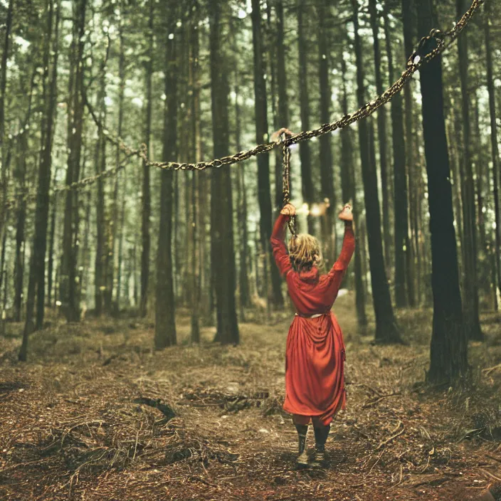 Image similar to a woman carrying chains, in a forest, by Charlotte Grimm, CANON Eos C300, ƒ1.8, 35mm, 8K, medium-format print