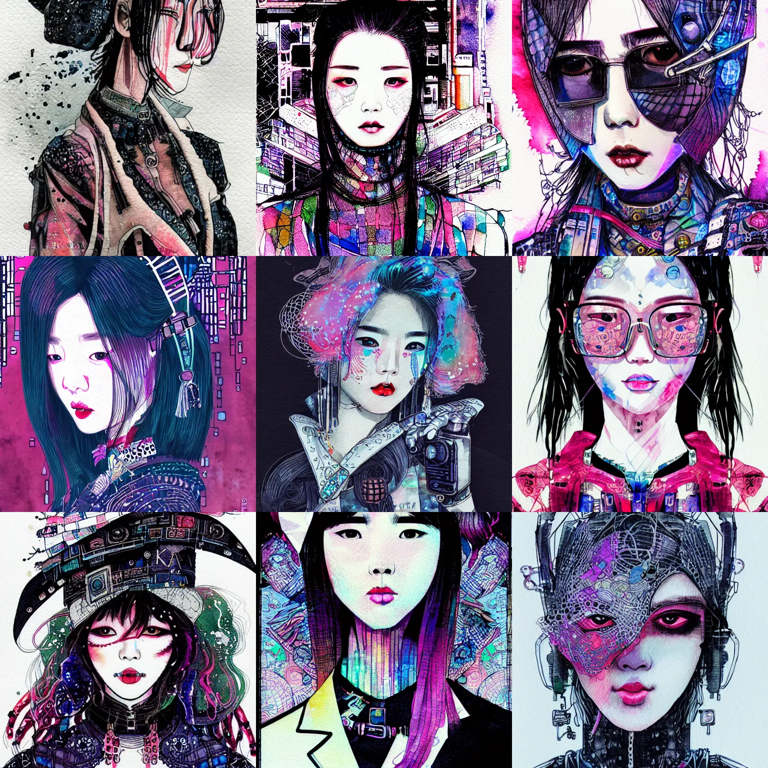 Prompt: korean women's fashion machine witch, intricate watercolor cyberpunk portrait by tim doyle