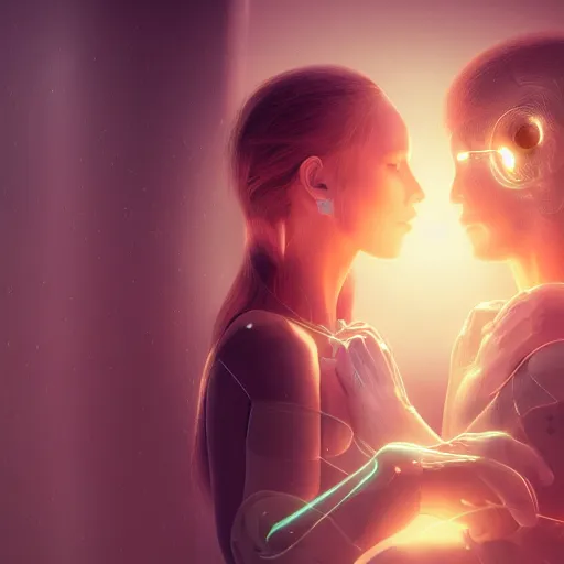 Prompt: human and artificial intelligence love each other, beautiful lighting, soft colors, smooth, sharp focus, digital painting, unreal engine, 4 k wallpaper