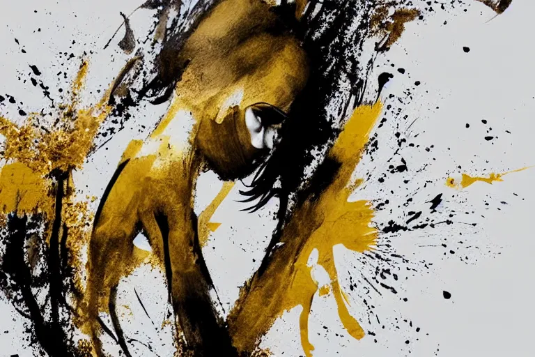 Image similar to beautiful serene running woman, exploration of motion and life, minimalistic golden and ink airbrush painting on white background