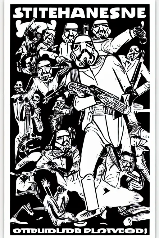 Prompt: “stormtrooper dancing, poster, José Guadalupe Posada style”