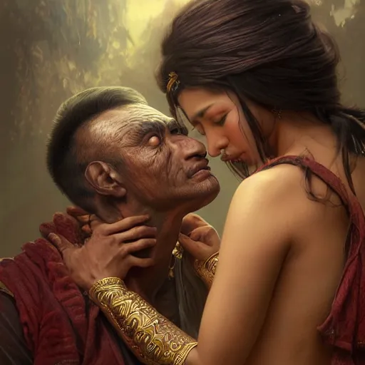 Image similar to portrait painting of dark muscular nepali couple kissing, ultra realistic, concept art, intricate details, eerie, highly detailed, photorealistic, octane render, 8 k, unreal engine. art by artgerm and greg rutkowski and alphonse mucha