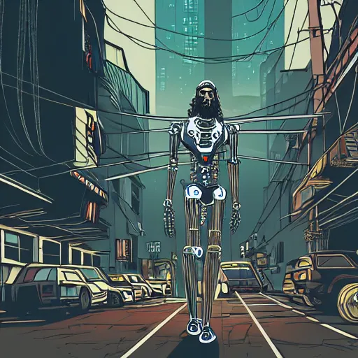 Image similar to detailed illustration of jesus with robotic spider legs in a cyberpunk city