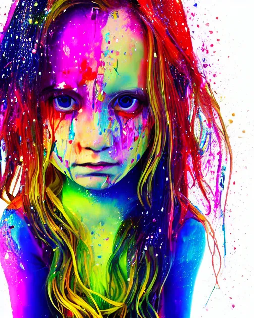 Image similar to portrait photograph of a beautiful young girl with long blonde hair wearing a white t-shir. she is crying tears of flowing exploding colors, she looks sad, distraught. paint splatte, colorful tears, crayon tears, upset, pitiful, cinematic lighting, 4k, focused, photo realistic, highly detailed, 3d rendered