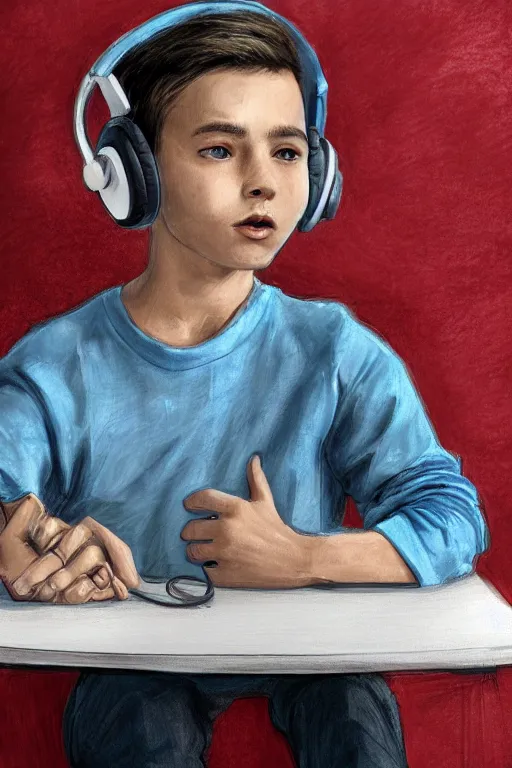 Prompt: a boy with headphones sitting on a table in a cafe, digital art, digital painting, masterpiece, concept art, trending on deviantart, highly detailed, high quality, anatomically correct, five fingers, cinematic, high coherence, soft lighting, soft colors, beautiful, elegant, short black hair, 4 k, symmetrical, realistic and detailed face, cartoon