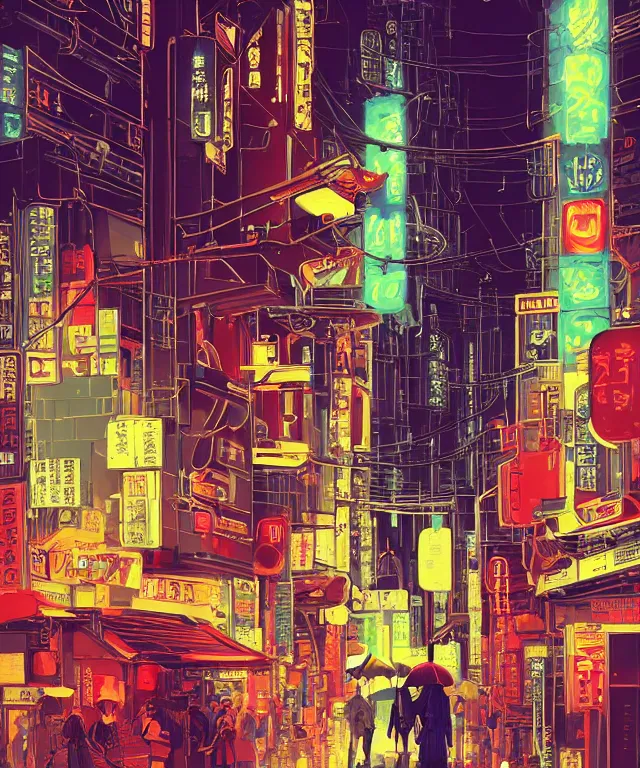 Image similar to big red robot waiting in street from neo tokyo , humid ground, artstation, art by françois schuiten and moebius and pascal campion, disney fantasy style, people and creatures walking holding neon ombrellas, volumetric light, neon lights, bokeh light from top, science fiction elements, lampposts, rainy mood