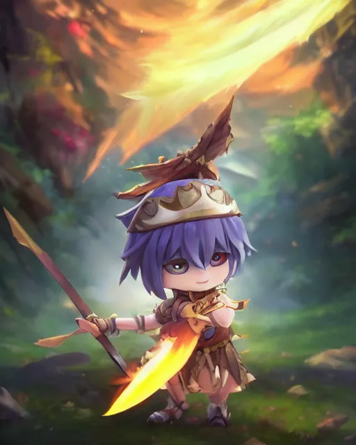 Image similar to oil painting of a cute chibi MapleStory warrior,, attacking, casting a spell with a spear, wearing a MapleStory warrior outfit, sharp focus, fantasy style, octane render, volumetric lighting, 8k high definition, by greg rutkowski, highly detailed, trending on artstation, magic the gathering artwork, Perion background from MapleStory, centered