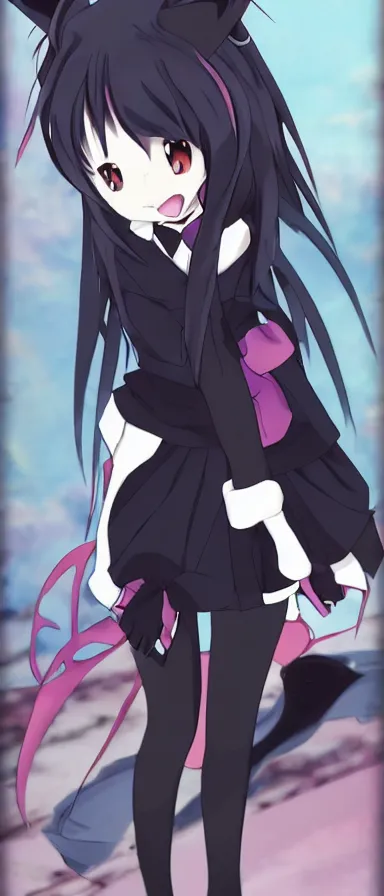 Image similar to Anime Screenshot of a “red-eyed black-haired anime fox girl” wearing black fingerless-gloves, high-waist-black-skirt, white-collared-shirt blue-open-jacket, black-necktie, unsheathing her katana, white background, visual-key, anime illustration, pixiv, anime-twitter