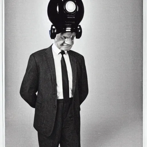 Prompt: full body man in suit with wearing a cathode ray tube TV on his head