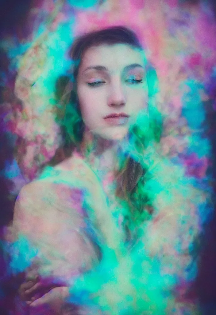 Prompt: A vibrant studio portrait photograph of a beautiful millennial young woman by Alessio Albi and Nina Masic, trending on instagram, artistic and creative anatomy, soft focus, vertical portrait, natural lighting, double exposure, f1.8, 50mm, instax, polaroid, classic chrome, film grain, light cyan, lavender blush, cinematic and volumetric lighting, 4k, 8k, HD
