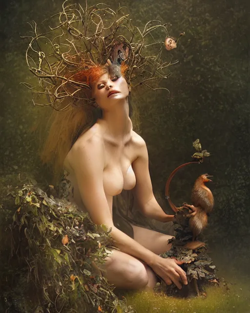 Prompt: dryad musician, portrait, with a feathered mouse friend, studio lighting by jessica rossier and brian froud and gaston bussiere