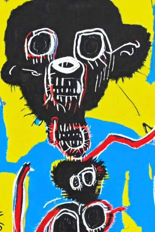 Image similar to an illustration of monkeys killing children in the style of basquiat by margaret wise brown, blue and black