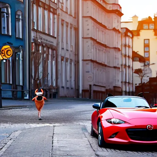 Prompt: a rabbit standing on the street in front of a red mazda mx-5 parked on a street in stockholm