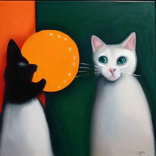 Prompt: Dos gatos jugando al ping pong sobre fondo naranja, oil painting